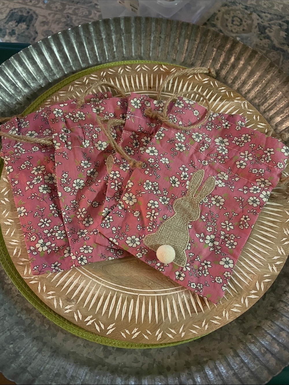 Four Pink Floral Drawstring BagsTop with Bunny Appliqué